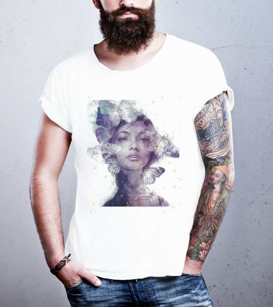 Butterfly And Girl Dreamy Watercolor Portrait With Stars T-Shirt