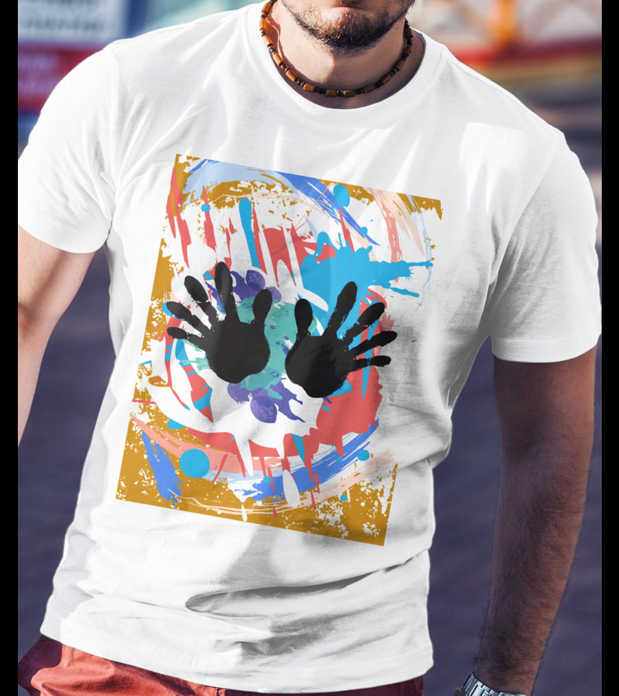 Colorful Splash With Black Handprints T-Shirt