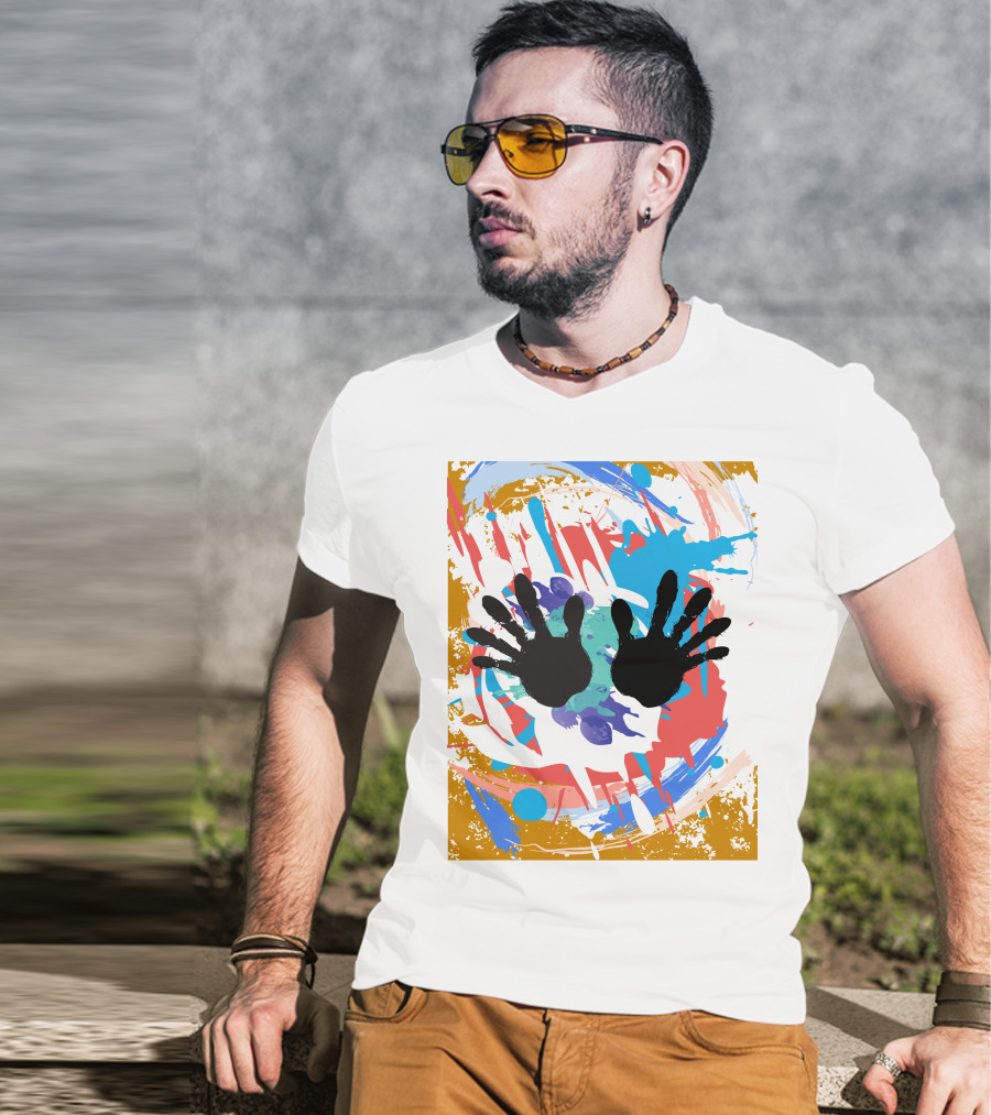 Colorful Splash With Black Handprints T-Shirt
