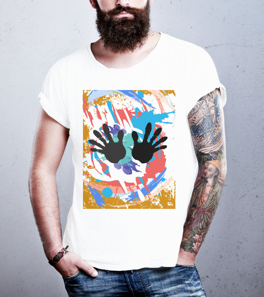Colorful Splash With Black Handprints T-Shirt