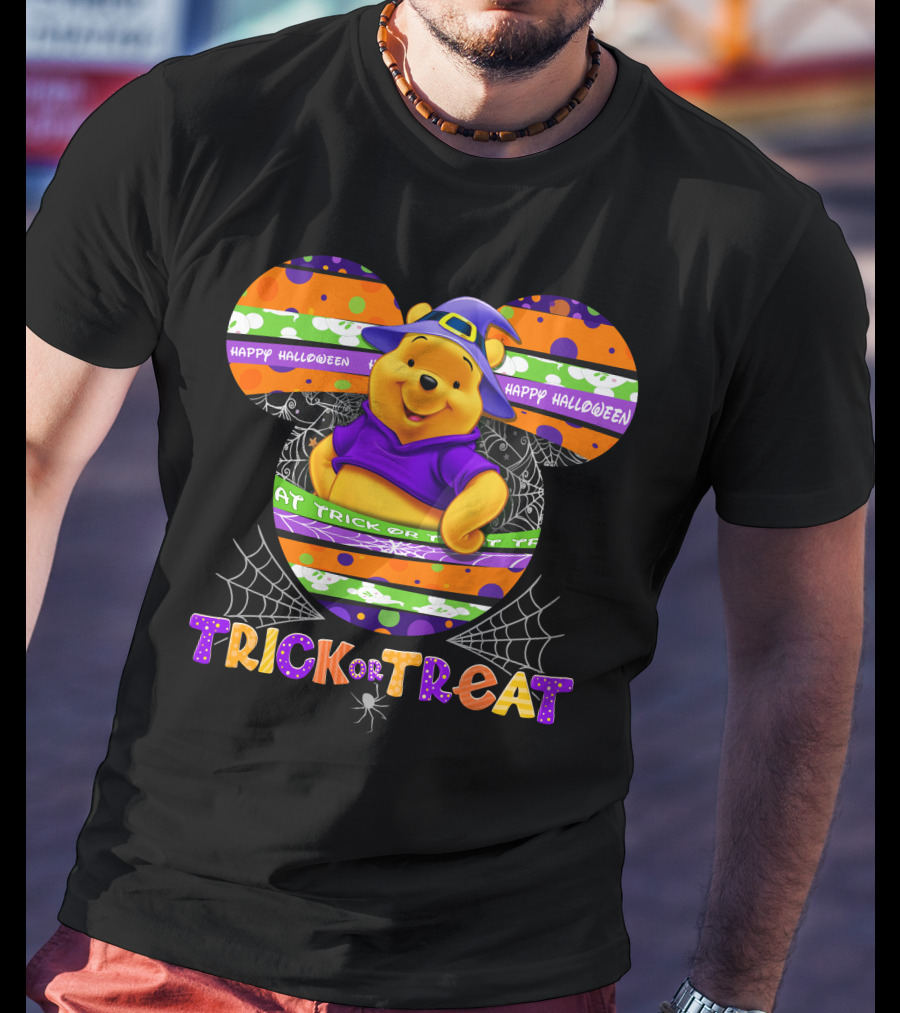 Happy Halloween Trick Or Treat Pooh Witch Hat Spiderwebs T-Shirt