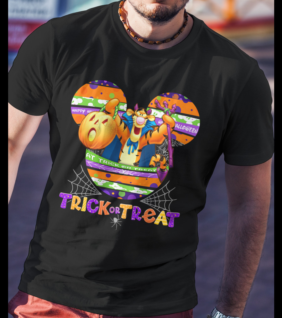 Tigger Happy Halloween Trick Or Treat Disney Mickey Pumpkin Spiderwebs T-Shirt