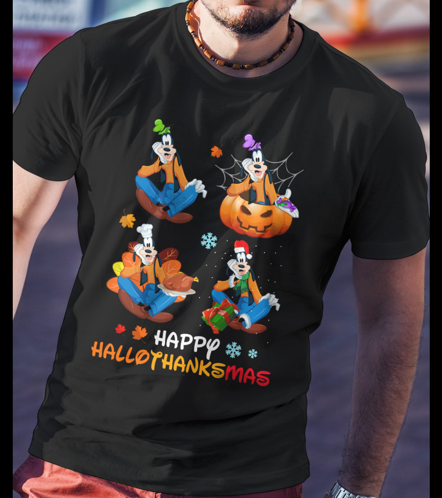 Happy Hallothanksmas Goofy Pumpkin Turkey Gift Leaves Snowflakes T-Shirt