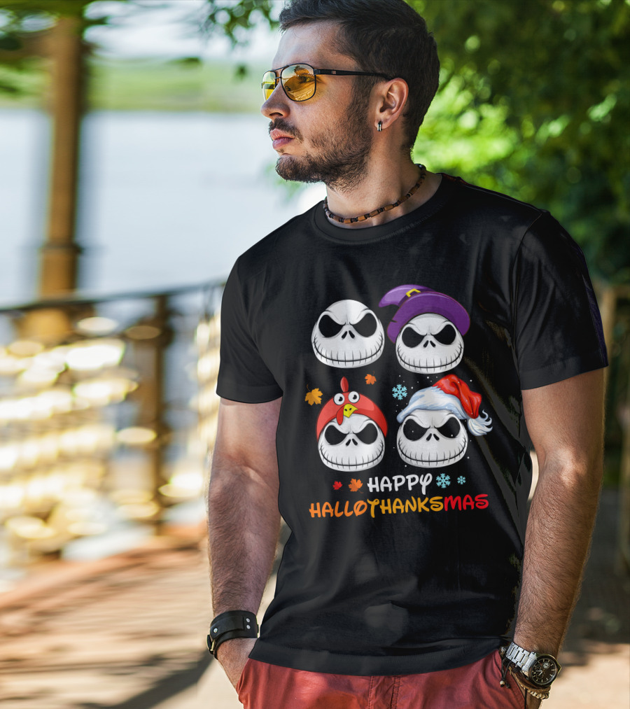 Happy Hallothanksmas Jack Faces With Witch Turkey Santa Hats T-Shirt