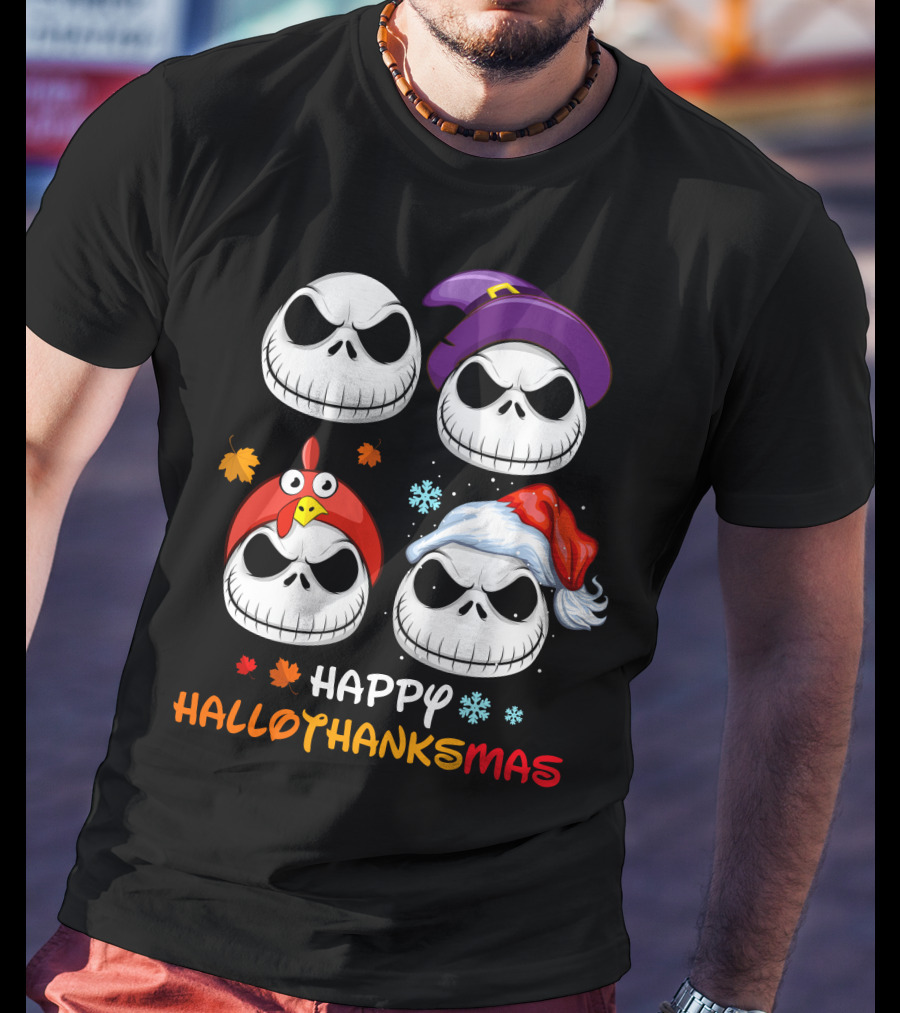 Happy Hallothanksmas Jack Faces With Witch Turkey Santa Hats T-Shirt