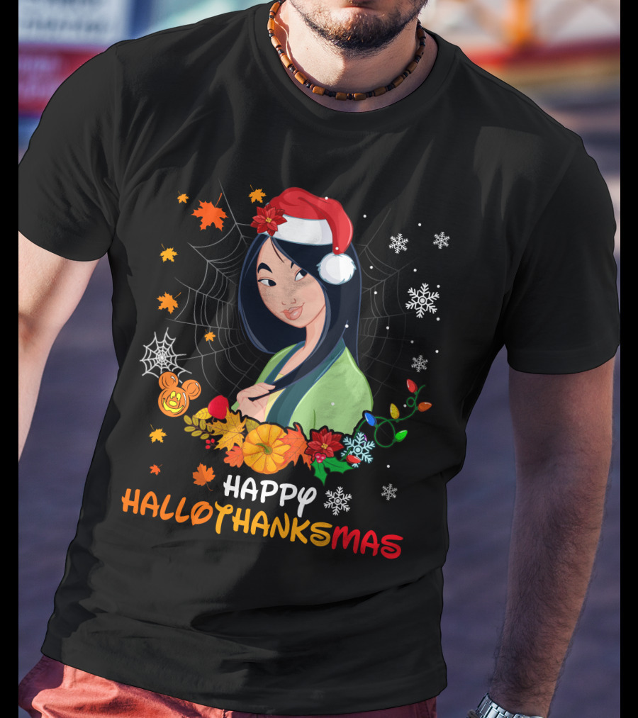 Happy Hallothanksmas Mulan Snowflakes Santa Hat Leaves T-Shirt