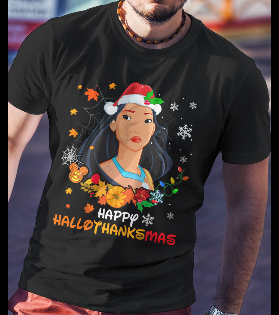 Happy Hallothanksmas Pocahontas Santa Hat Pumpkin Leaves Snowflakes T-Shirt