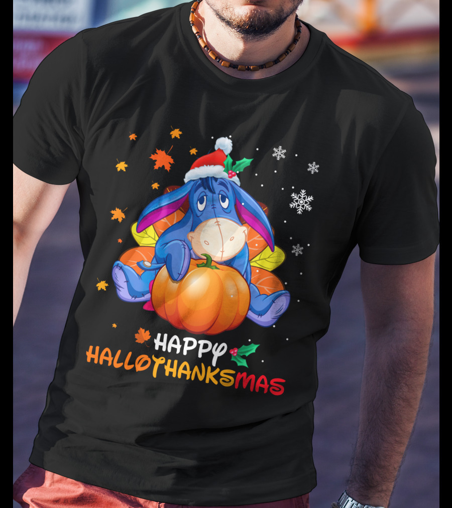 Happy Hallowthanksmas Eeyore Pumpkin Santa Hat Snowflakes Leaves Holiday T-Shirt