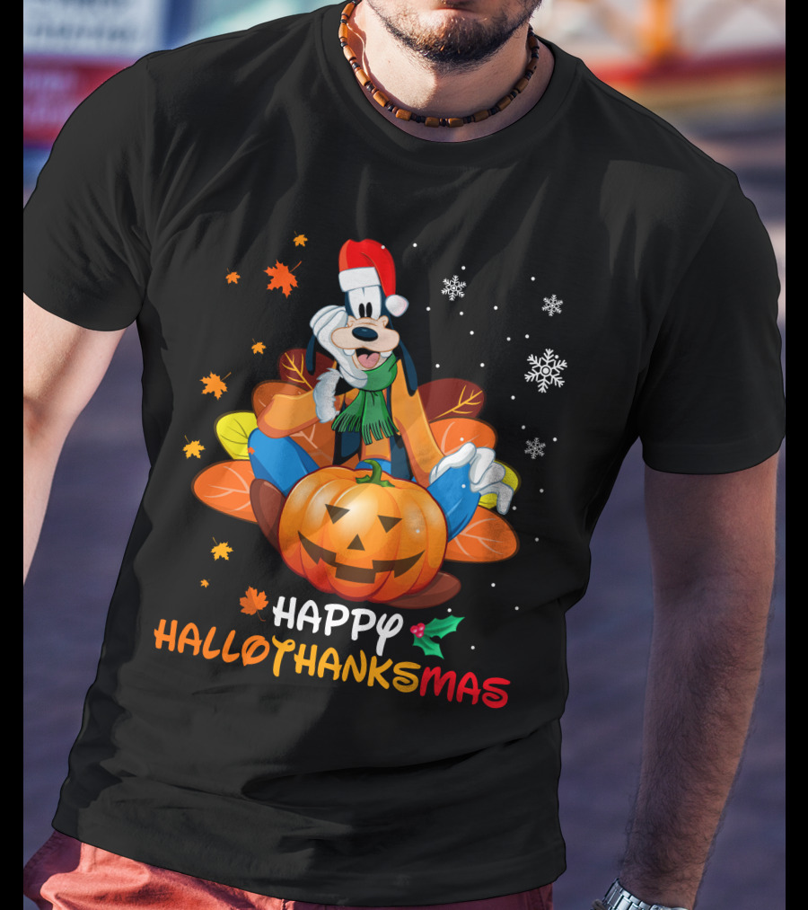 Happy Hallothanksmas Goober Leaves Pumpkin Snowflakes Santa Hat T-Shirt
