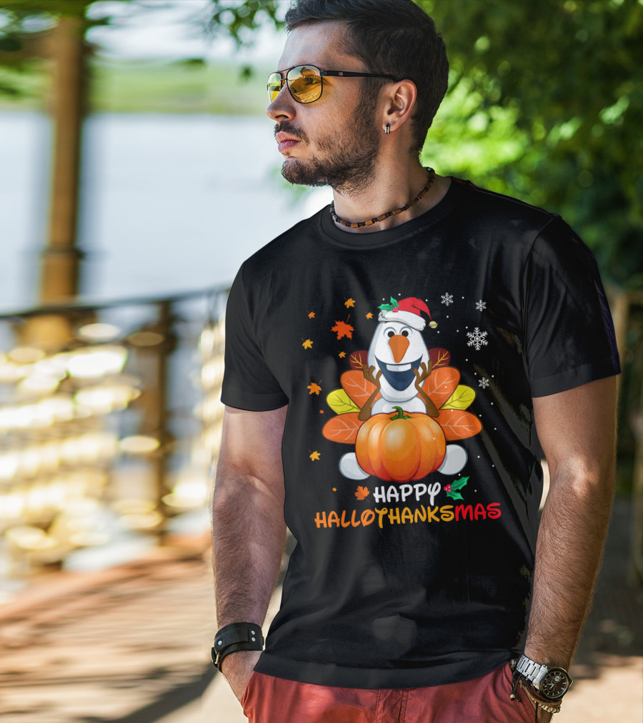 Happy Hallothanksmas Olaf Pumpkin Snowman Santa Hat Snowflakes T-Shirt