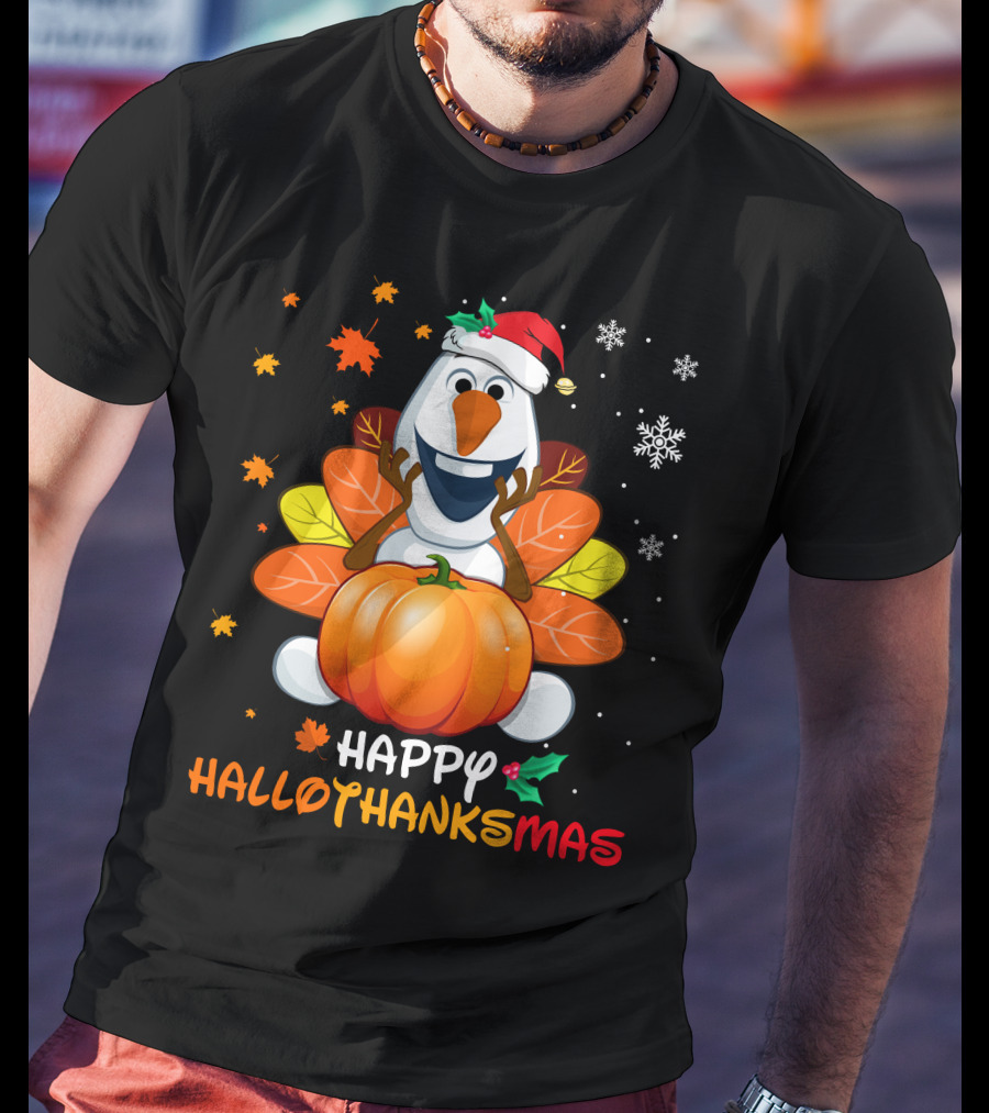 Happy Hallothanksmas Olaf Pumpkin Snowman Santa Hat Snowflakes T-Shirt