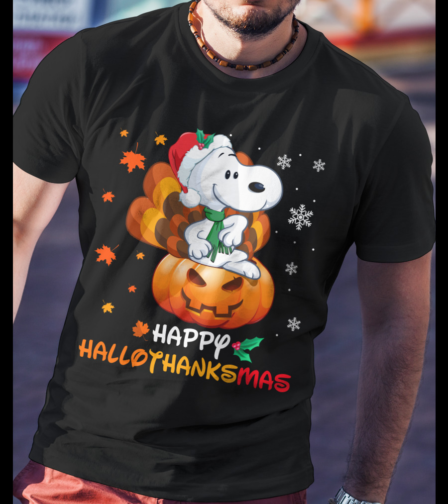 Snoopy Happy Hallothanksmas Pumpkin Snowflakes Santa Hat Scarf T-Shirt