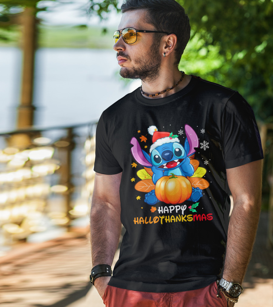 Stitch Happy Hallothanksmas Pumpkin Santa Hat Snowflakes T-Shirt