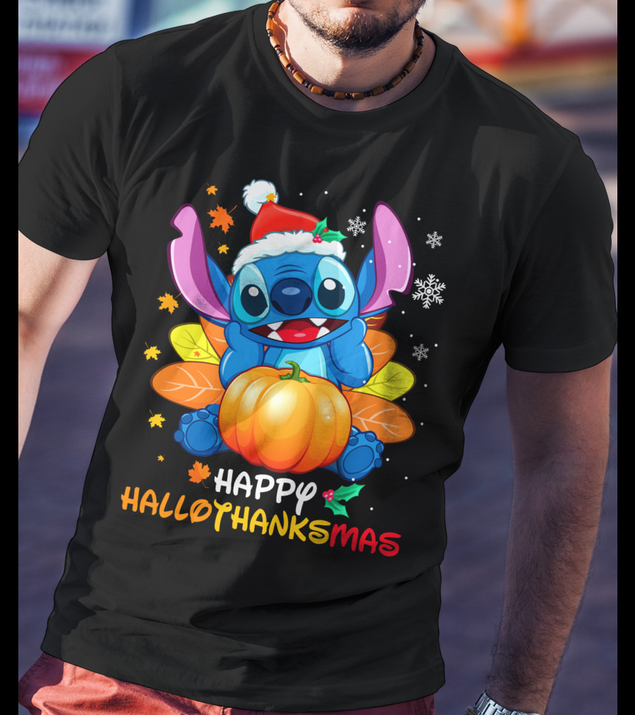 Stitch Happy Hallothanksmas Pumpkin Santa Hat Snowflakes T-Shirt