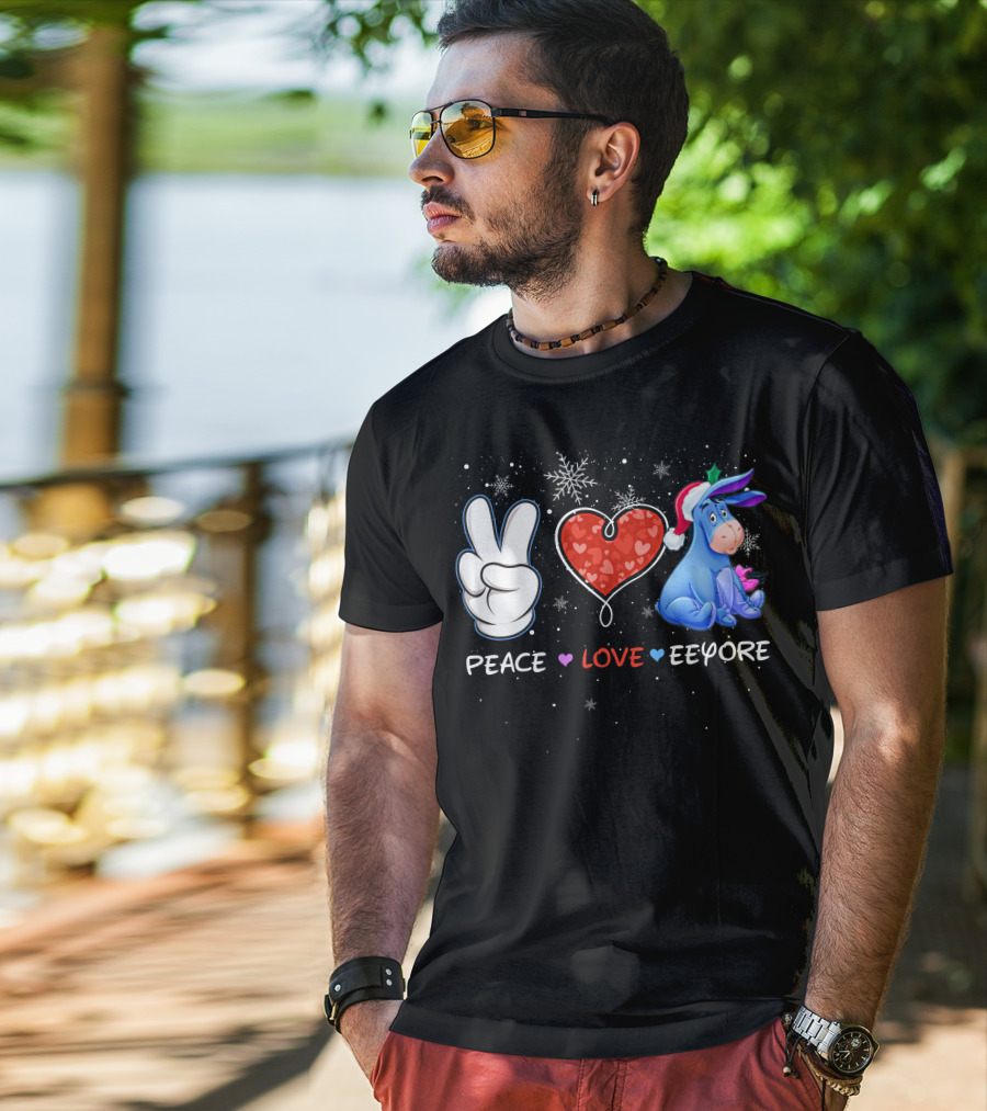 Peace Love Eeyore Santa Hat Winter Snowflakes T-Shirt