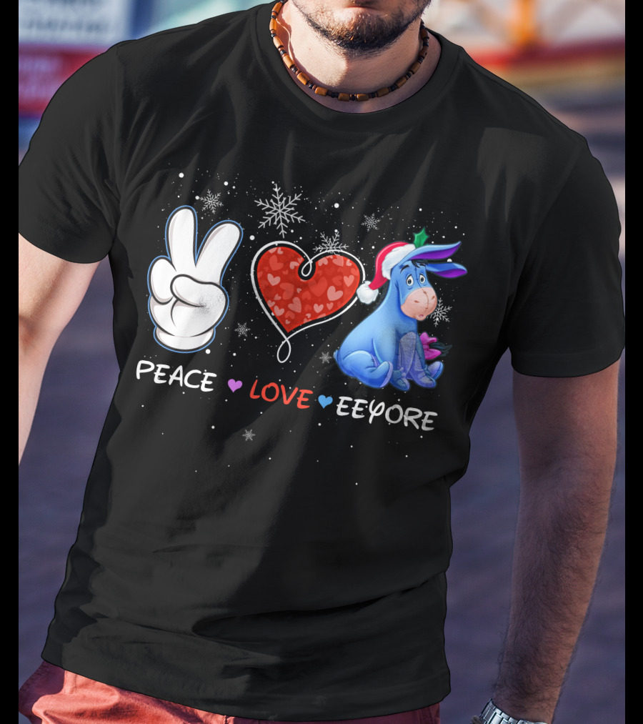 Peace Love Eeyore Santa Hat Winter Snowflakes T-Shirt