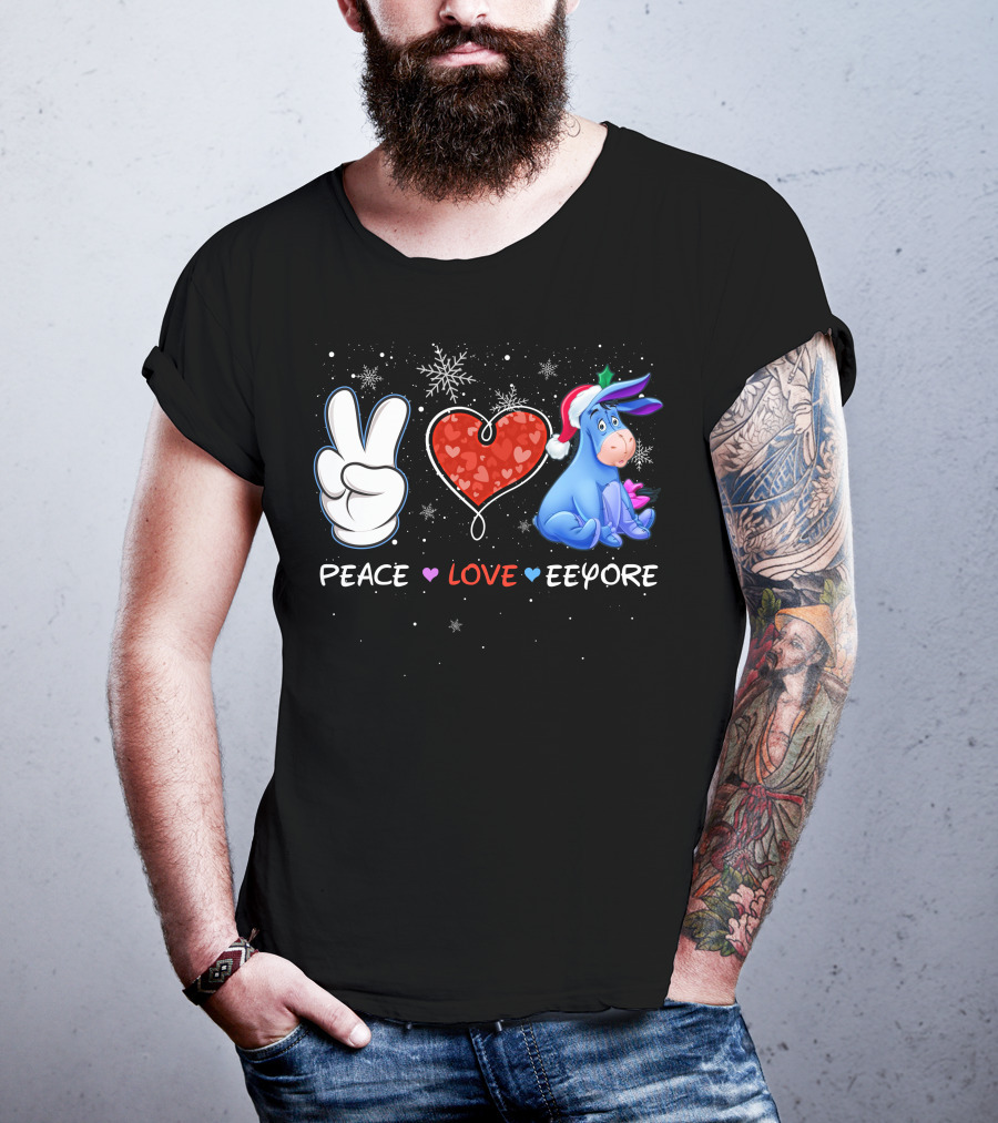 Peace Love Eeyore Santa Hat Winter Snowflakes T-Shirt