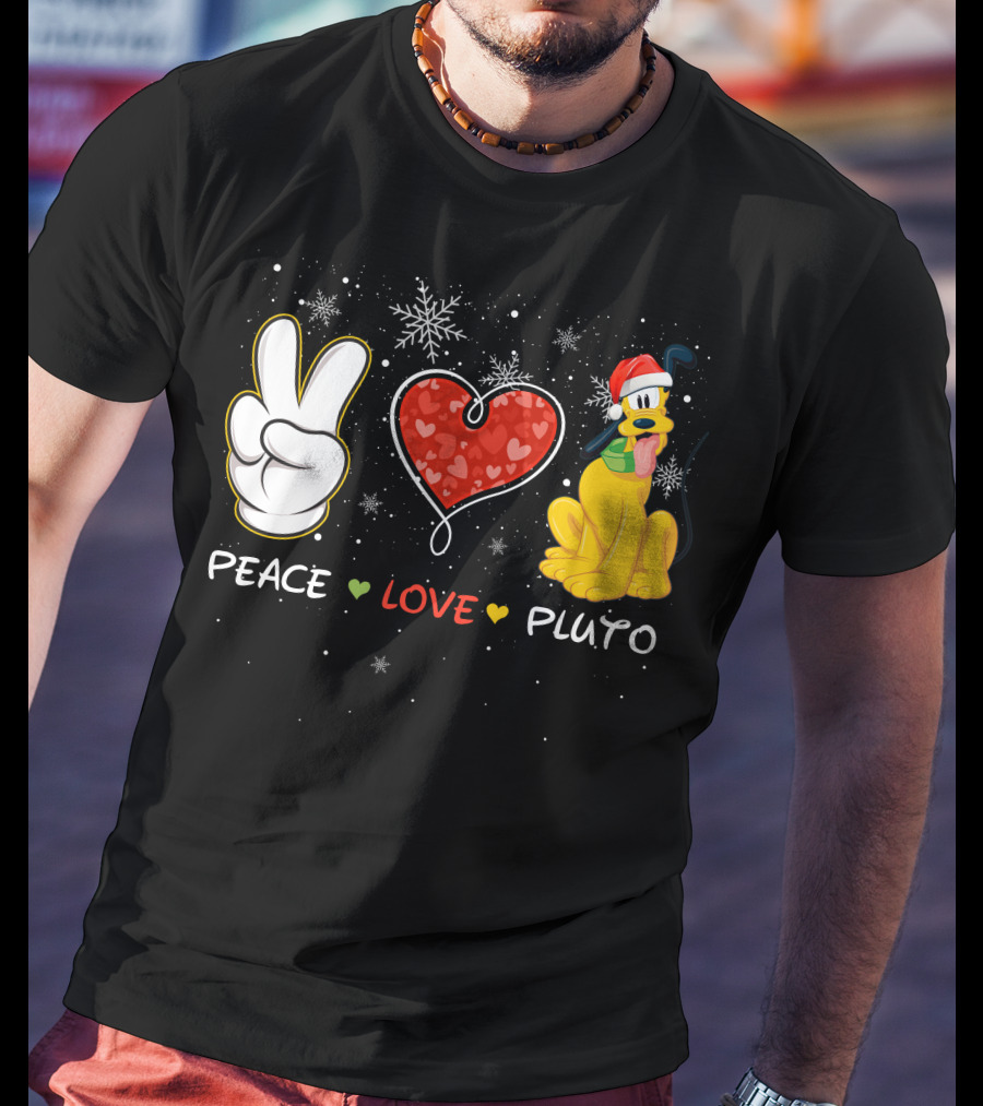 Peace Love Pluto Christmas Santa Hat Snowflakes T-Shirt