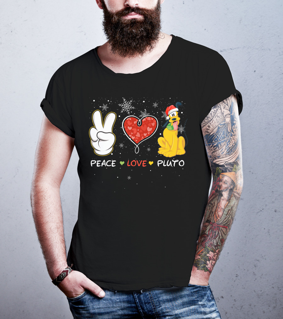 Peace Love Pluto Christmas Santa Hat Snowflakes T-Shirt