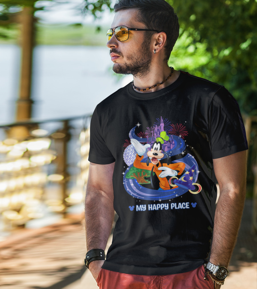 Goofy My Happy Place Disney Fireworks Epcot Sorcerer Mickey's Hat T-Shirt
