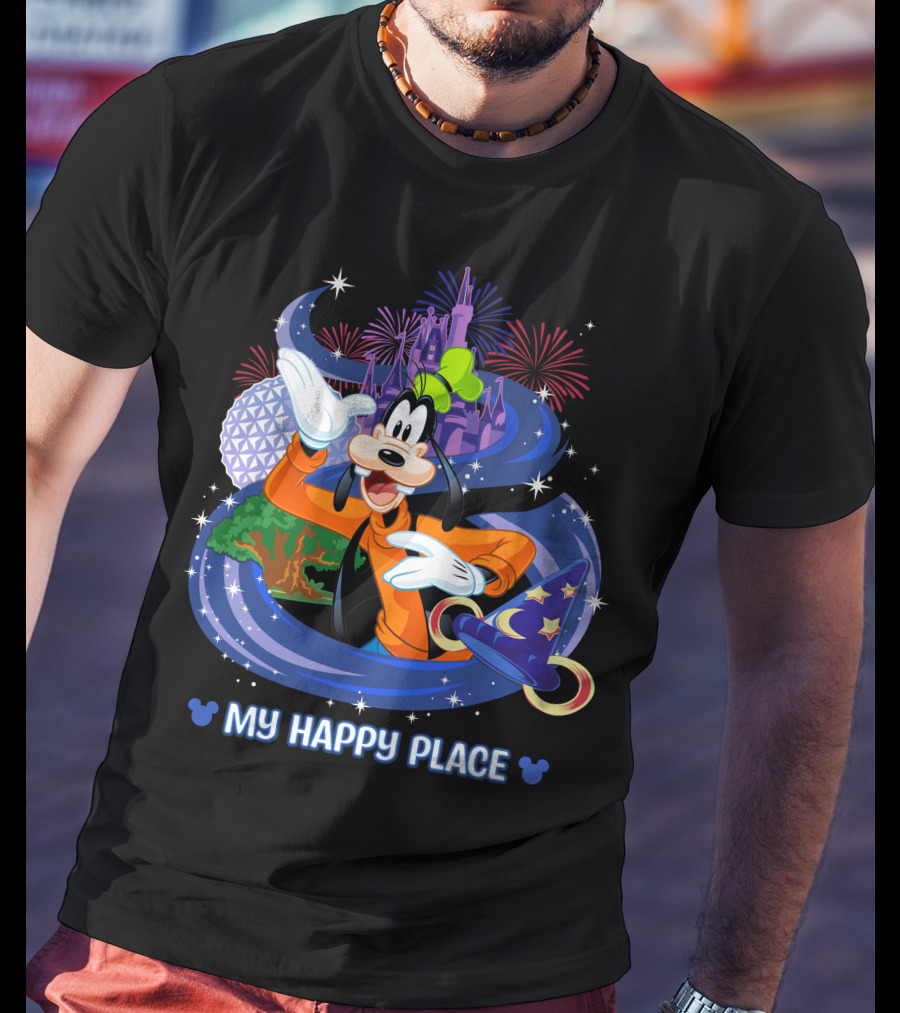 Goofy My Happy Place Disney Fireworks Epcot Sorcerer Mickey's Hat T-Shirt