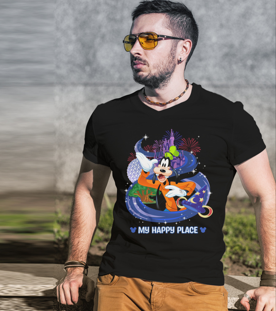 Goofy My Happy Place Disney Fireworks Epcot Sorcerer Mickey's Hat T-Shirt