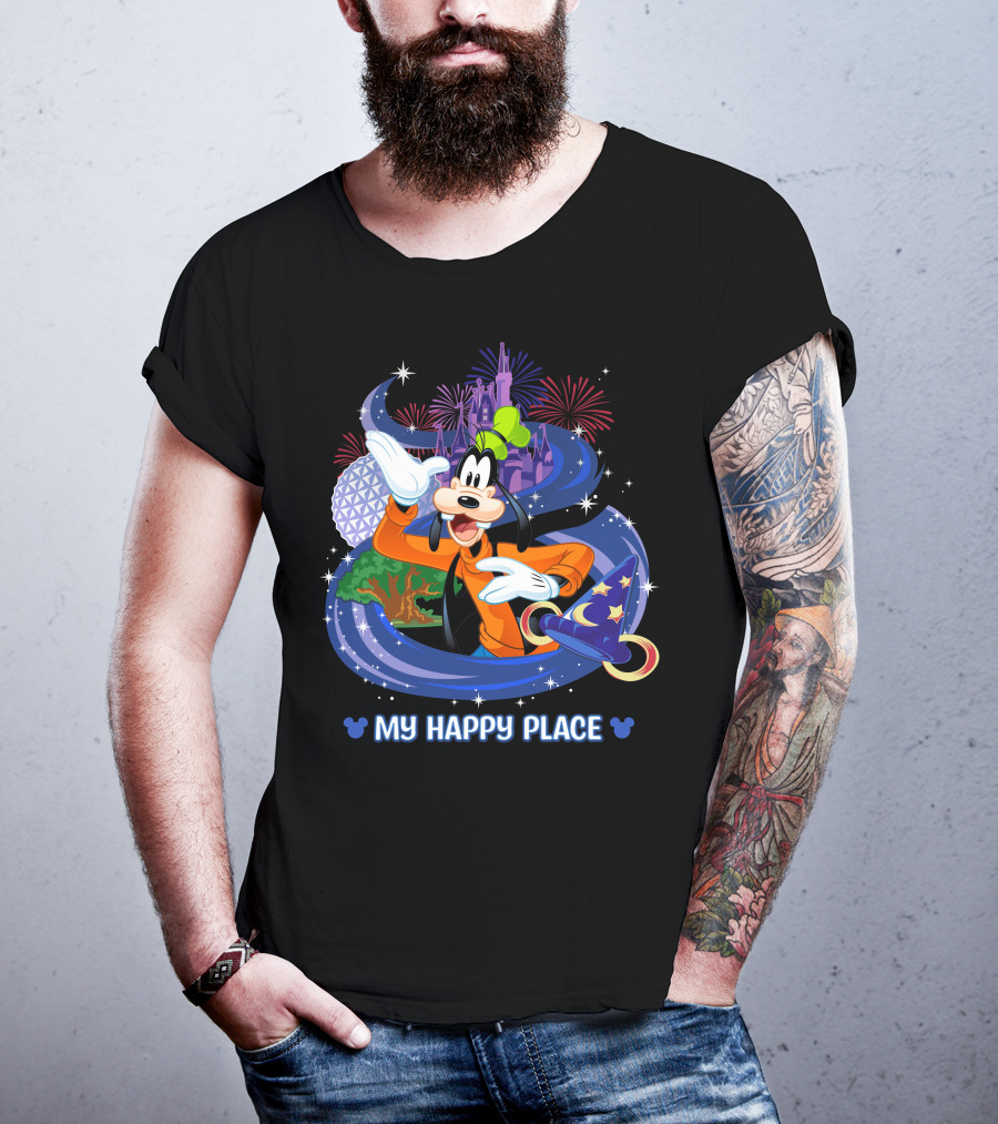Goofy My Happy Place Disney Fireworks Epcot Sorcerer Mickey's Hat T-Shirt