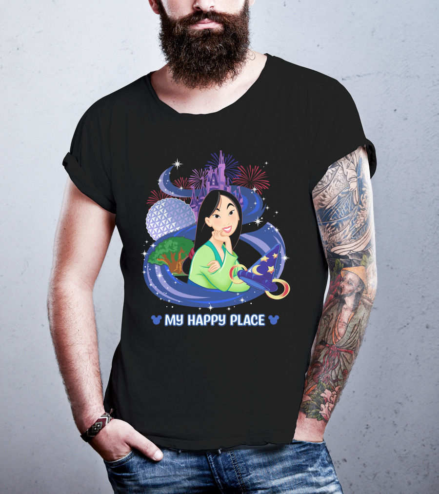 Mulan My Happy Place With Fireworks And Disney World Elements T-Shirt