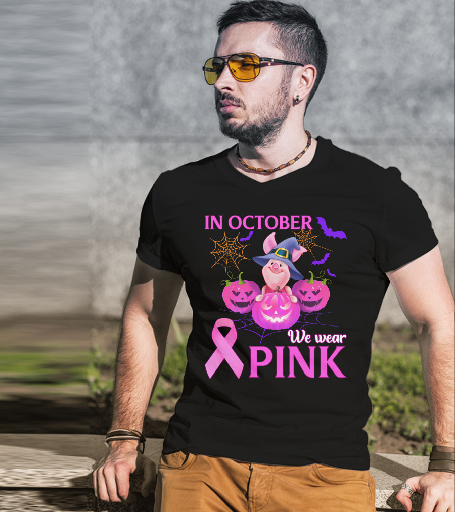 In October We Wear Pink Piglet Breast Cancer Awareness Halloween Pumpkins T-Shirt