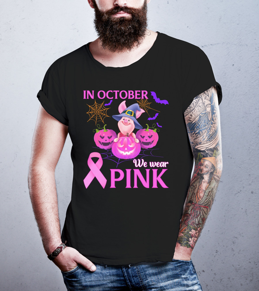 In October We Wear Pink Piglet Breast Cancer Awareness Halloween Pumpkins T-Shirt