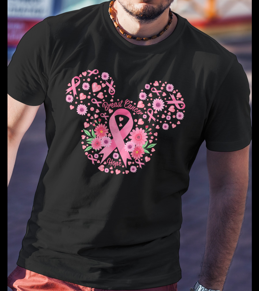 Breast Cancer Hope Pink Ribbon Floral Mickey Ears T-Shirt