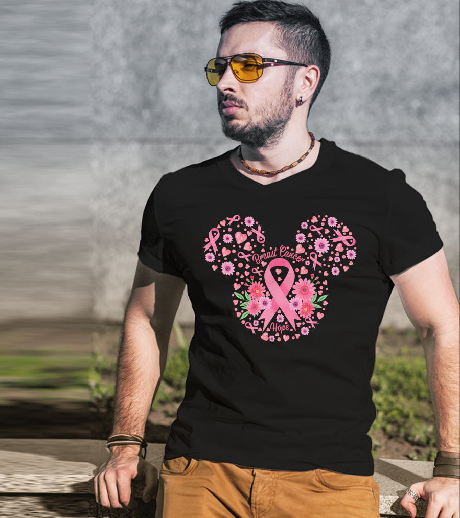 Breast Cancer Hope Pink Ribbon Floral Mickey Ears T-Shirt