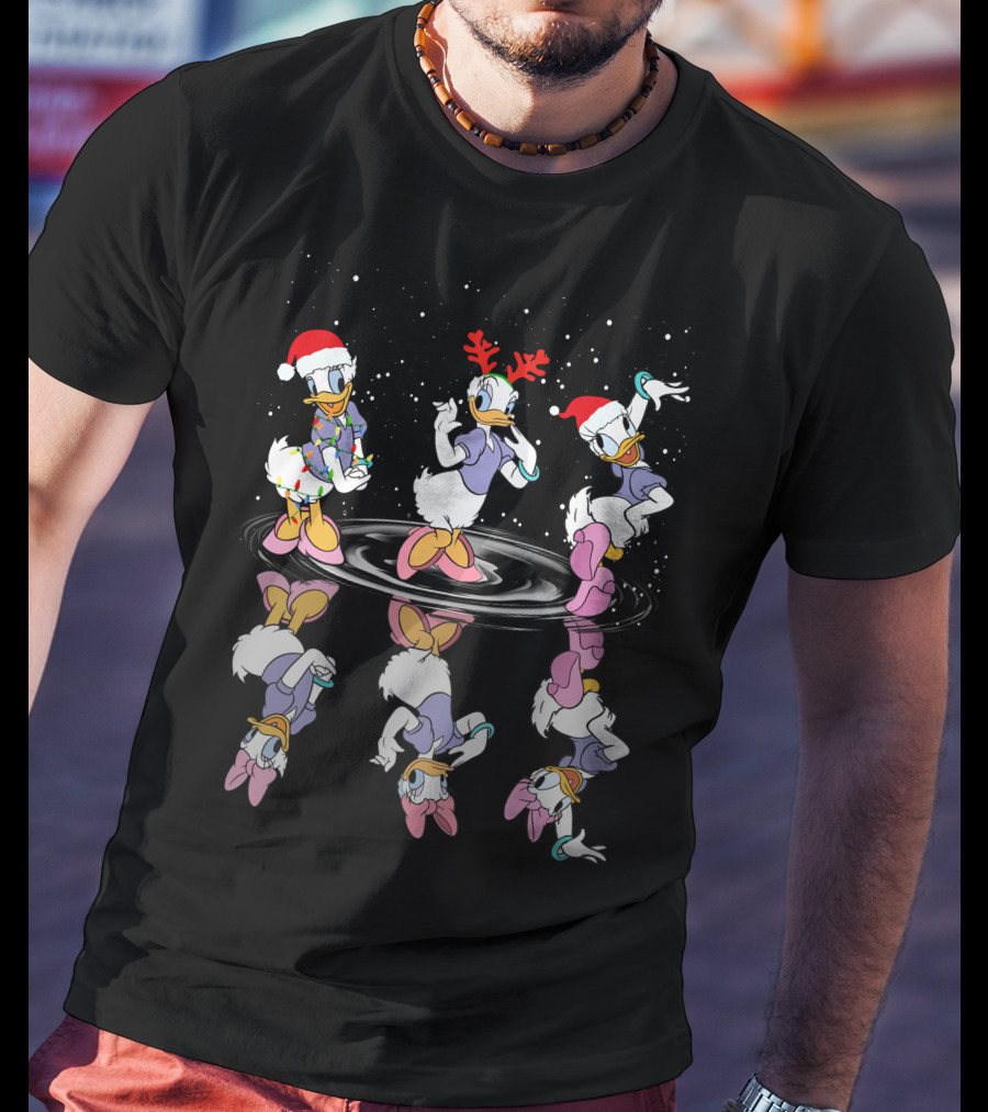 Daisy Duck Christmas Reflection Trio Dancing With Holiday Hats And Snowflakes T-Shirt