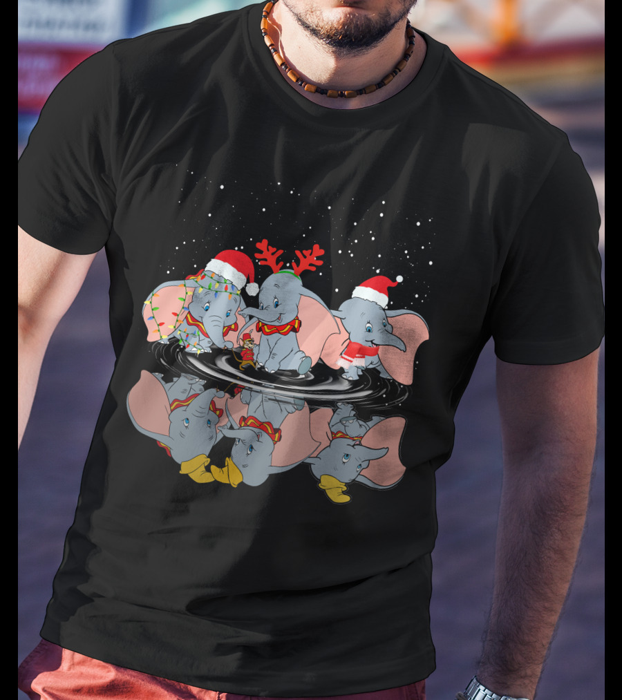 Dumbo Christmas Santa Hats And Reindeer Antlers Snowy Night T-Shirt