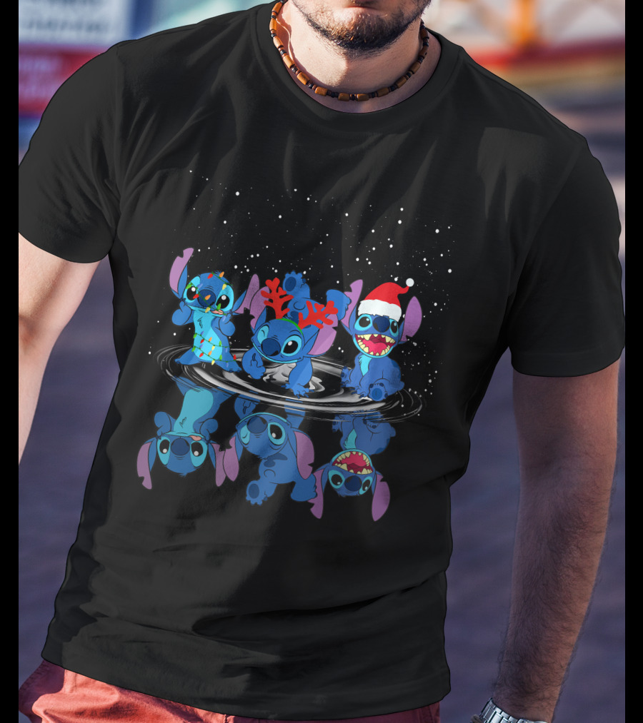 Stitch Christmas Reflections With Santa Hat And Reindeer Antlers T-Shirt