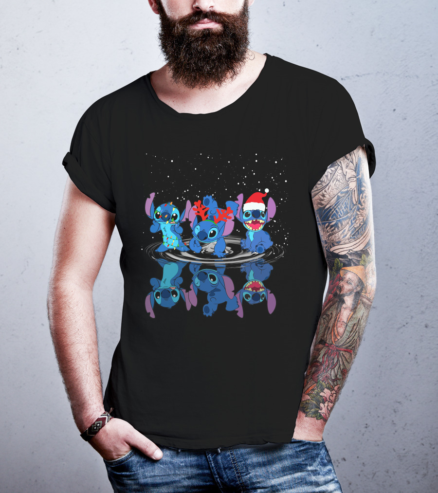Stitch Christmas Reflections With Santa Hat And Reindeer Antlers T-Shirt
