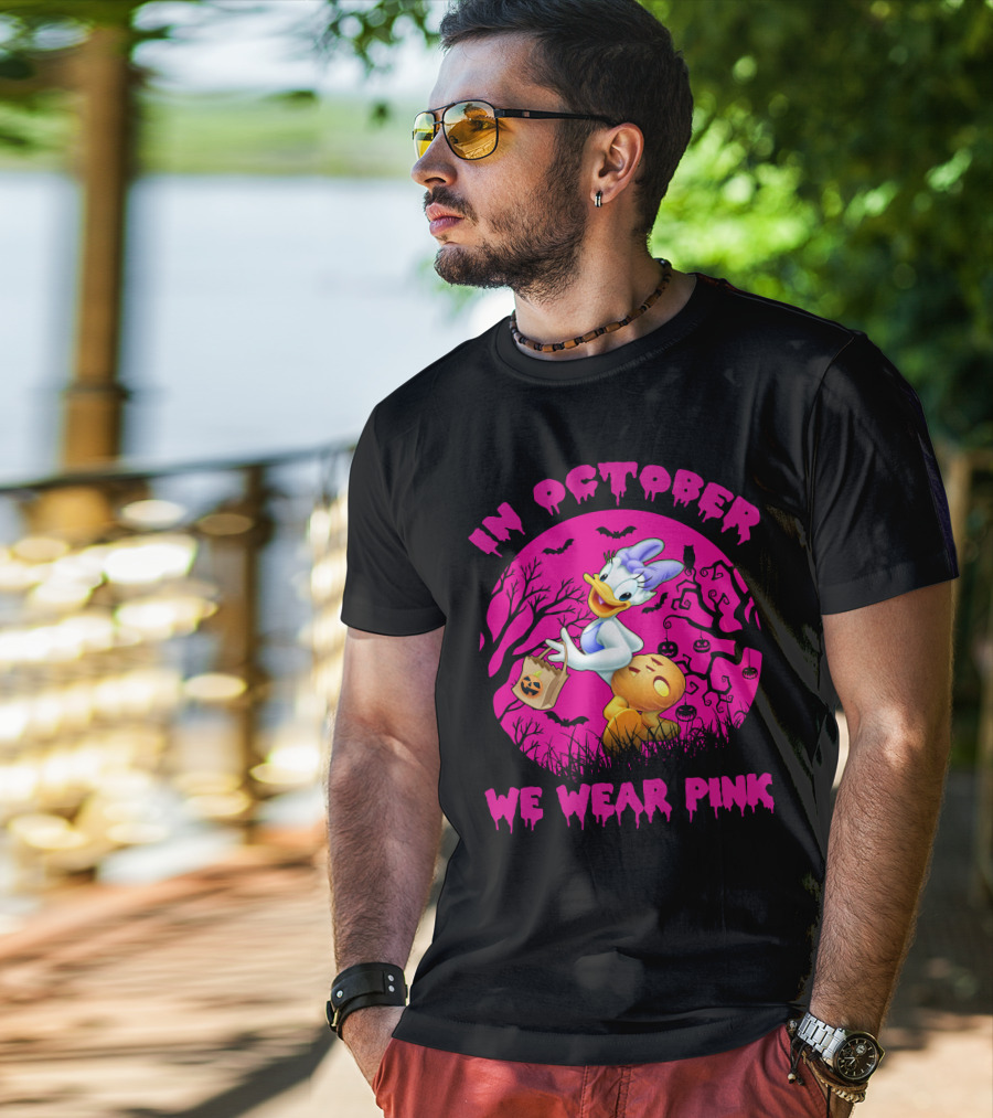 In October We Wear Pink Daisy Duck Halloween Theme T-Shirt