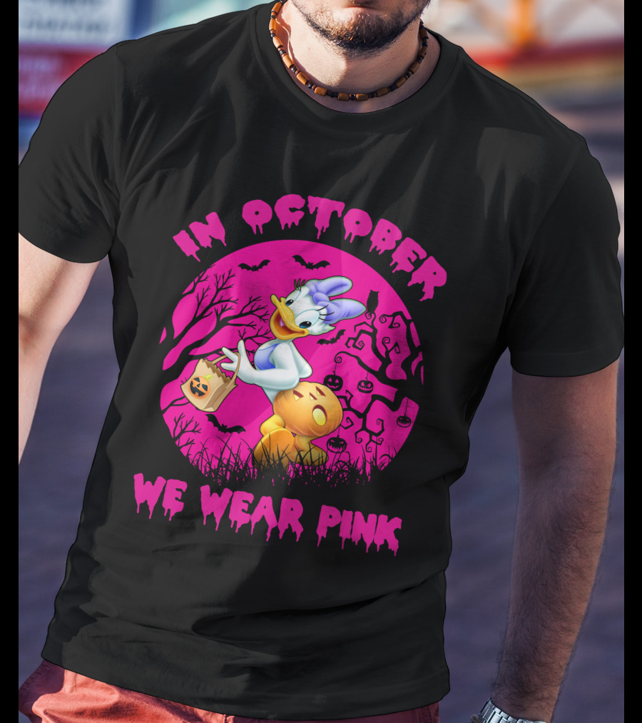 In October We Wear Pink Daisy Duck Halloween Theme T-Shirt