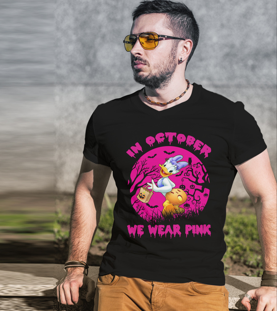 In October We Wear Pink Daisy Duck Halloween Theme T-Shirt