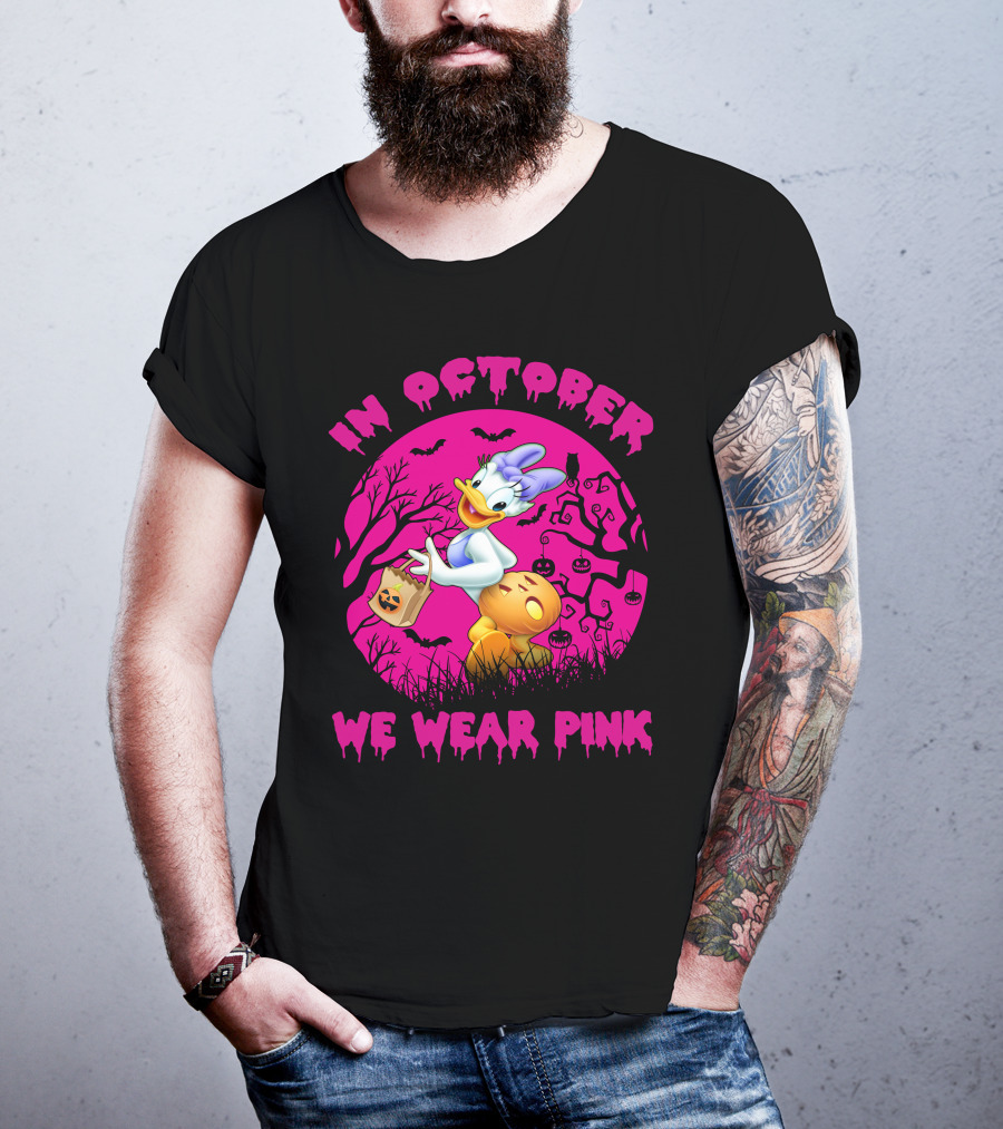 In October We Wear Pink Daisy Duck Halloween Theme T-Shirt