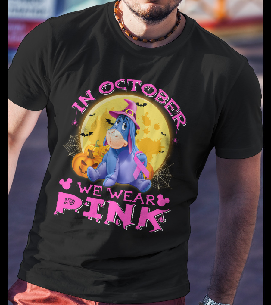 In October We Wear Pink Eeyore Halloween Ribbon And Pumpkins T-Shirt