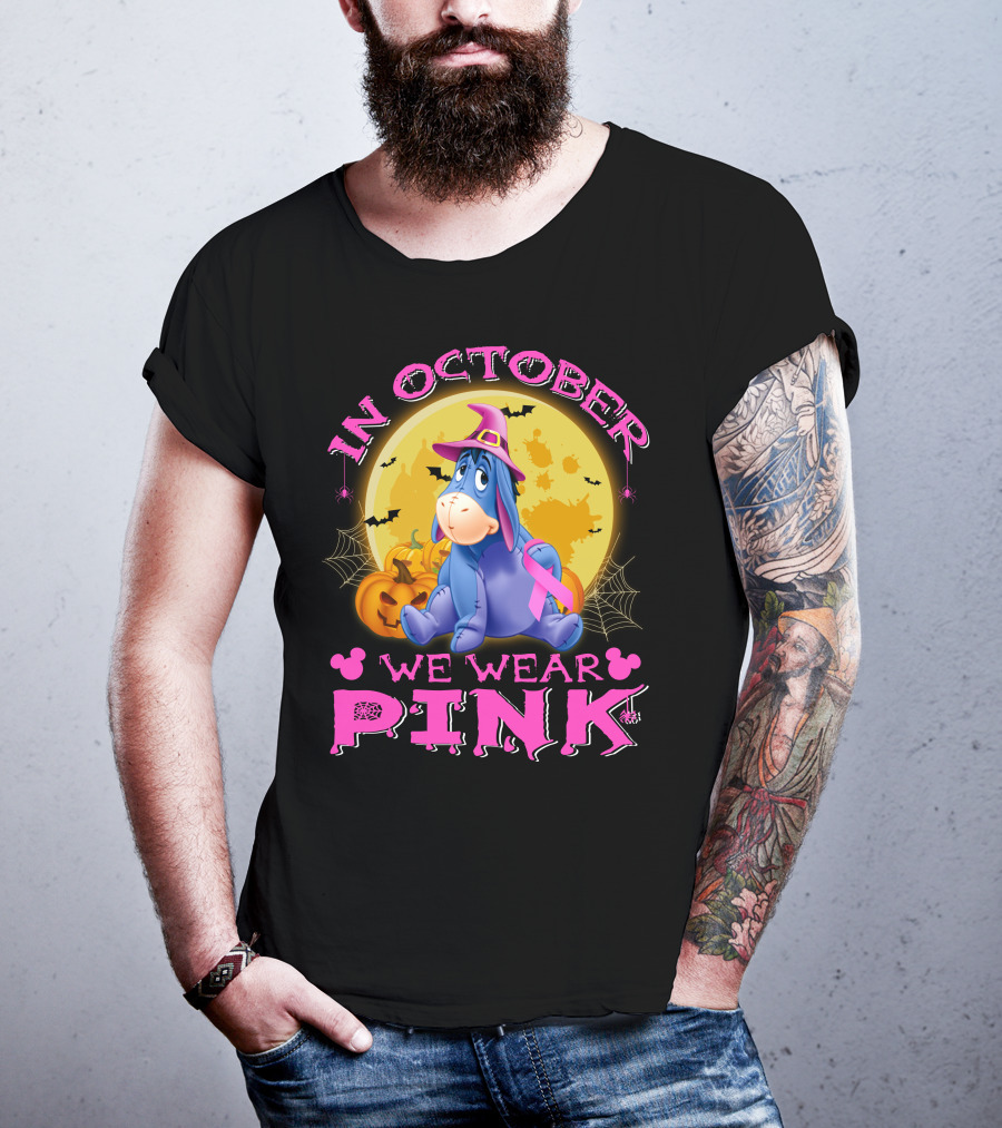 In October We Wear Pink Eeyore Halloween Ribbon And Pumpkins T-Shirt