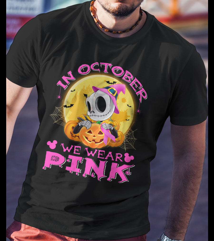 In October We Wear Pink Halloween Pumpkin Skeleton T-Shirt