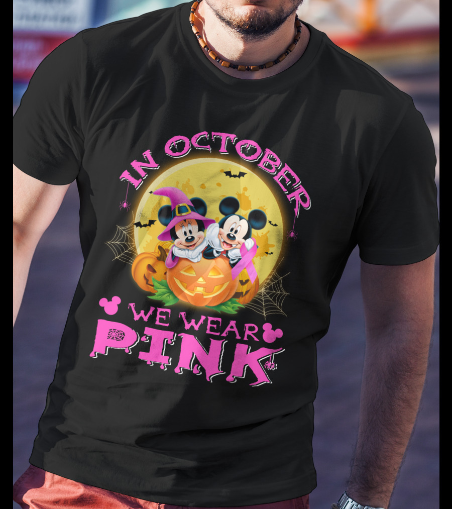 In October We Wear Pink Mickey And Minnie Halloween Pumpkin T-Shirt