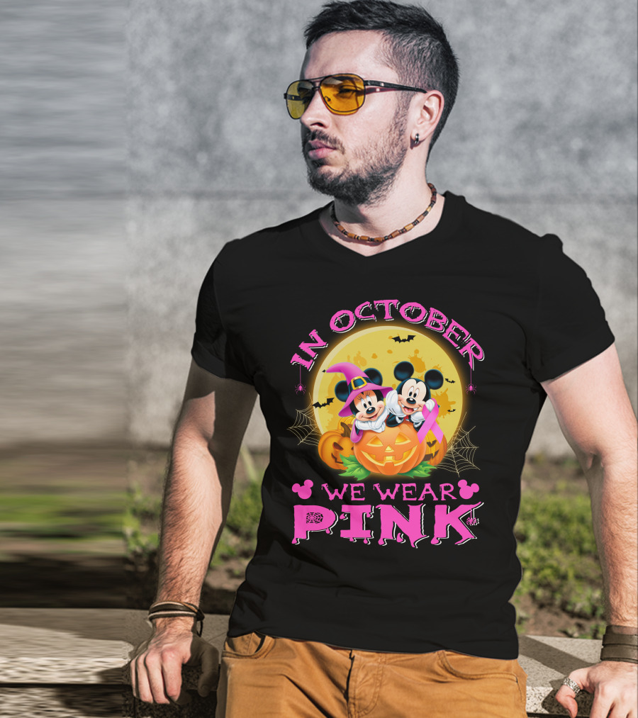 In October We Wear Pink Mickey And Minnie Halloween Pumpkin T-Shirt