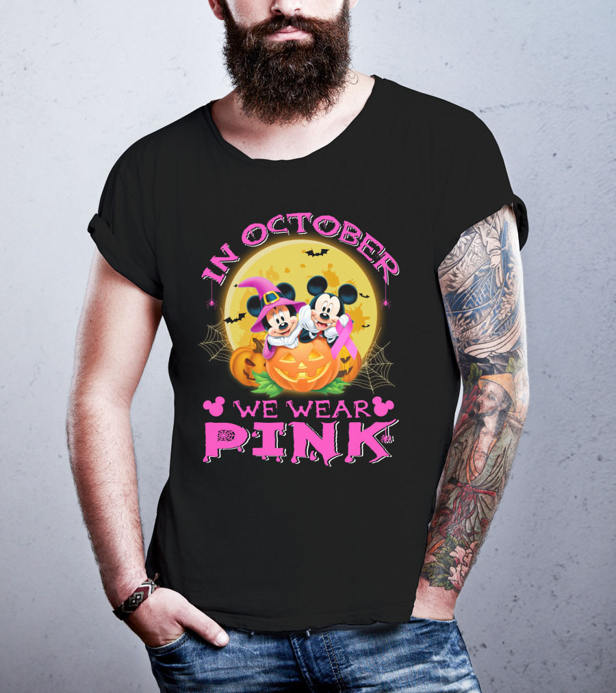 In October We Wear Pink Mickey And Minnie Halloween Pumpkin T-Shirt