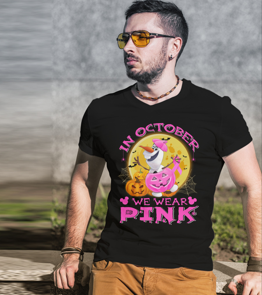 In October We Wear Pink Olaf Halloween Pumpkins And Bats T-Shirt