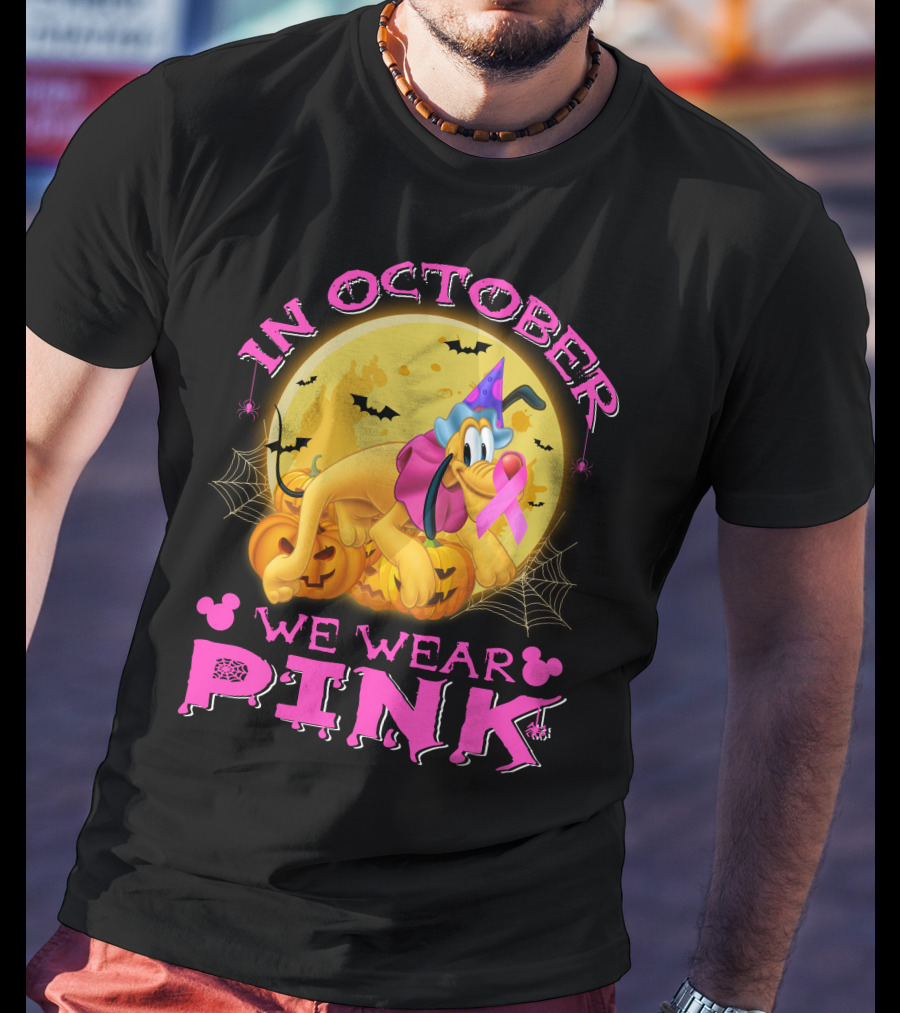 In October We Wear Pink Pluto Halloween Pumplin Bat Webs T-Shirt