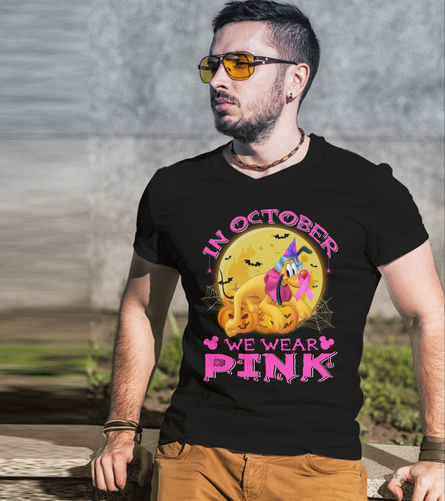 In October We Wear Pink Pluto Halloween Pumplin Bat Webs T-Shirt