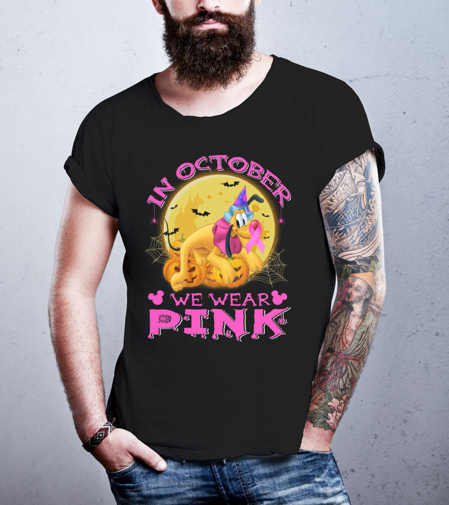 In October We Wear Pink Pluto Halloween Pumplin Bat Webs T-Shirt